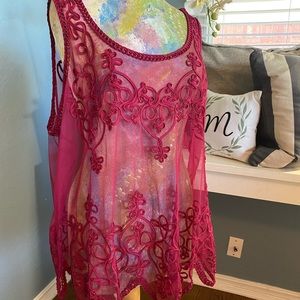 Sheer sleeveless blouse with embroidered detail maroon